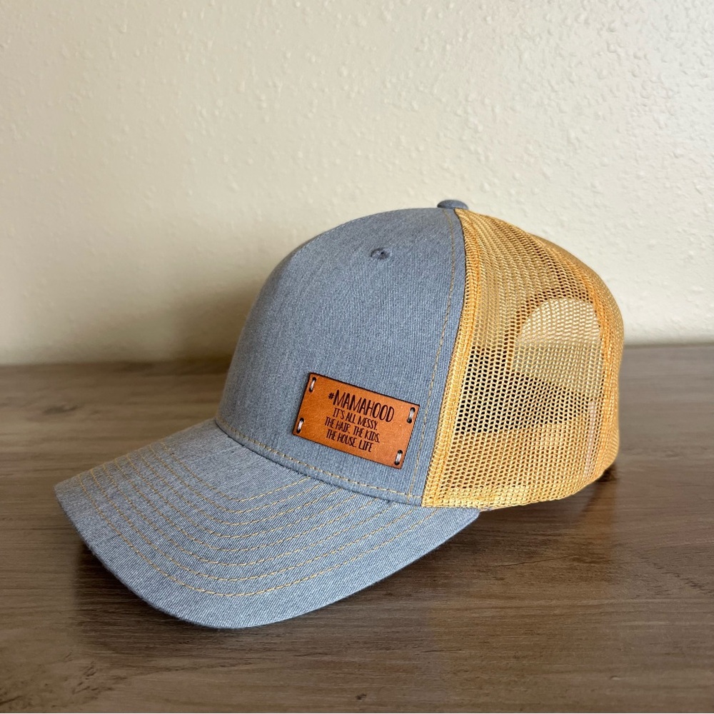 #MAMAHOOD Womens Trucker Hat Mesh Snapback Baseball Cap Gray Gold Leather Patch